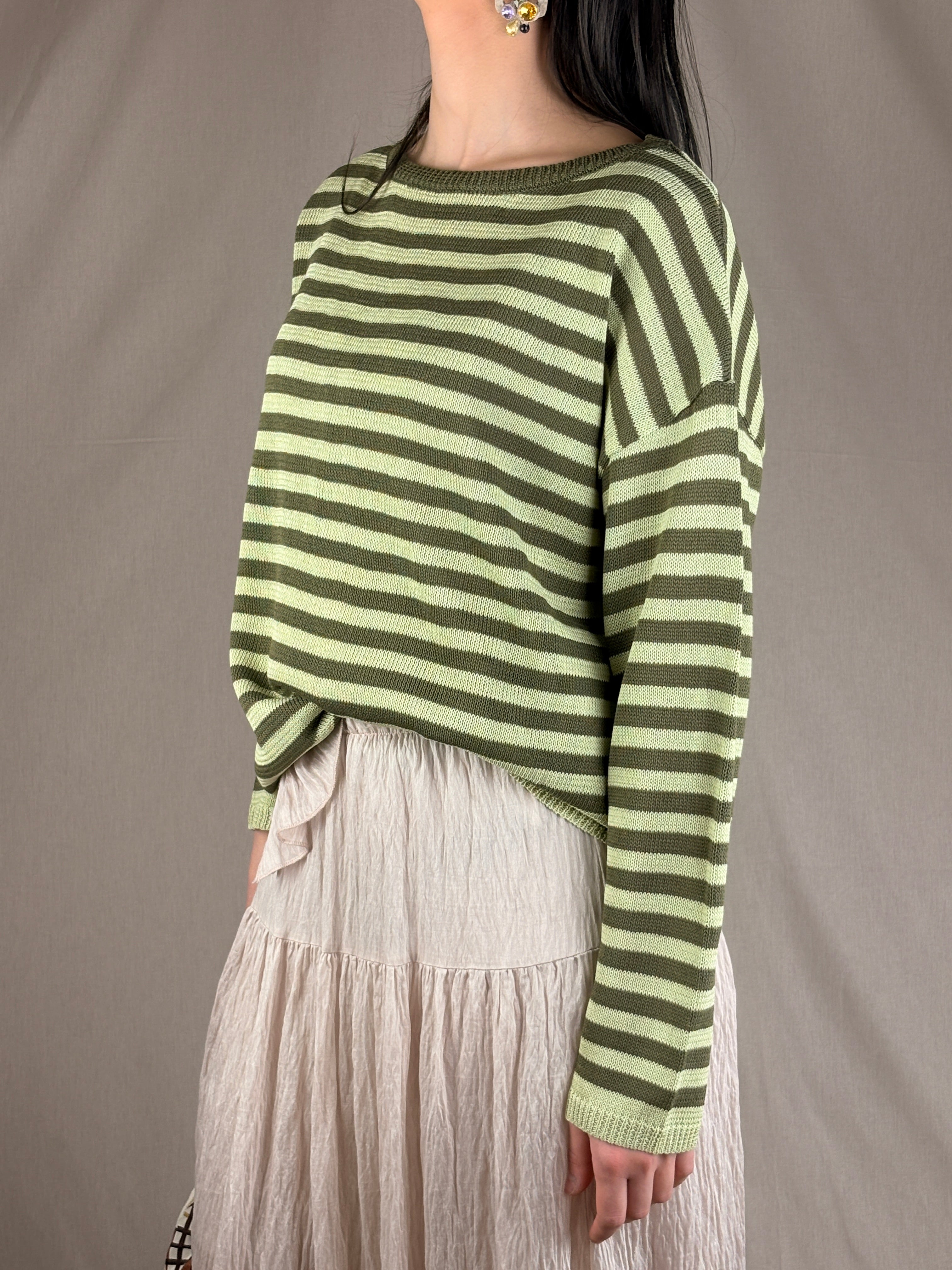 Pull col rond rayé citron vert