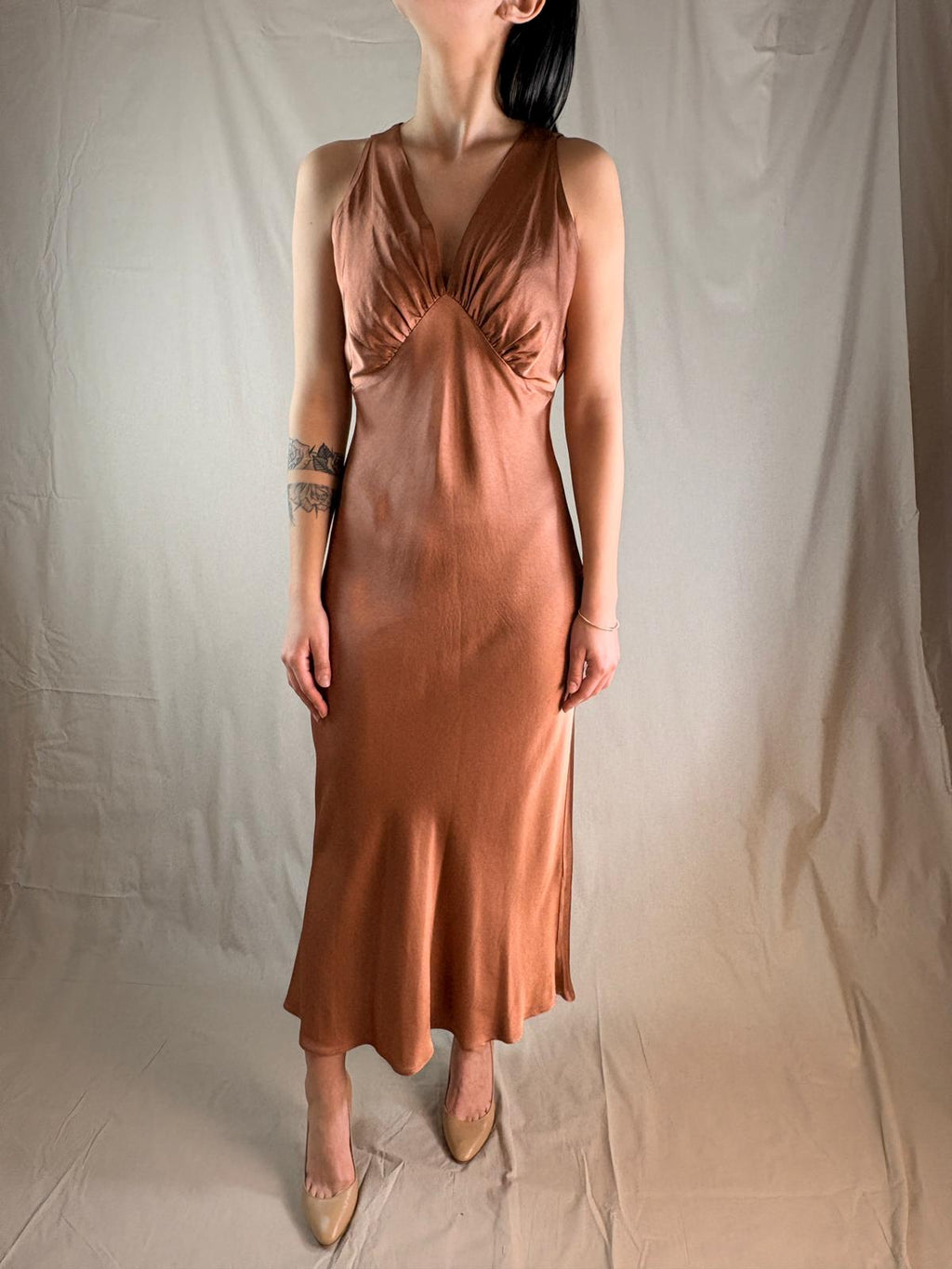 Robe en Satin de Viscose Châtaigne