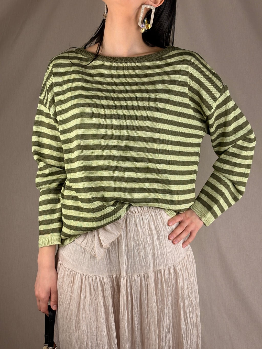 Pull col rond rayé citron vert