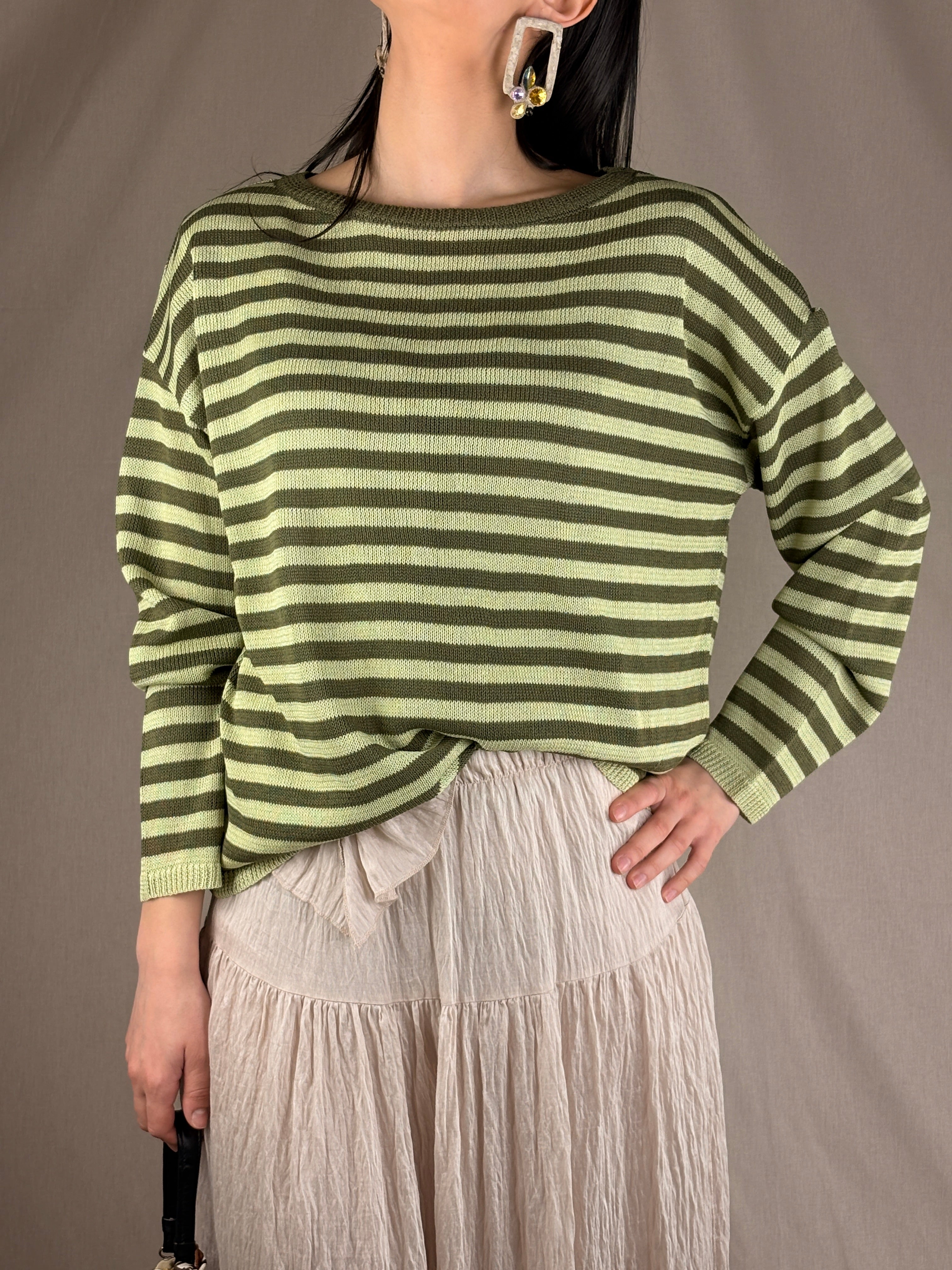 Pull col rond rayé citron vert