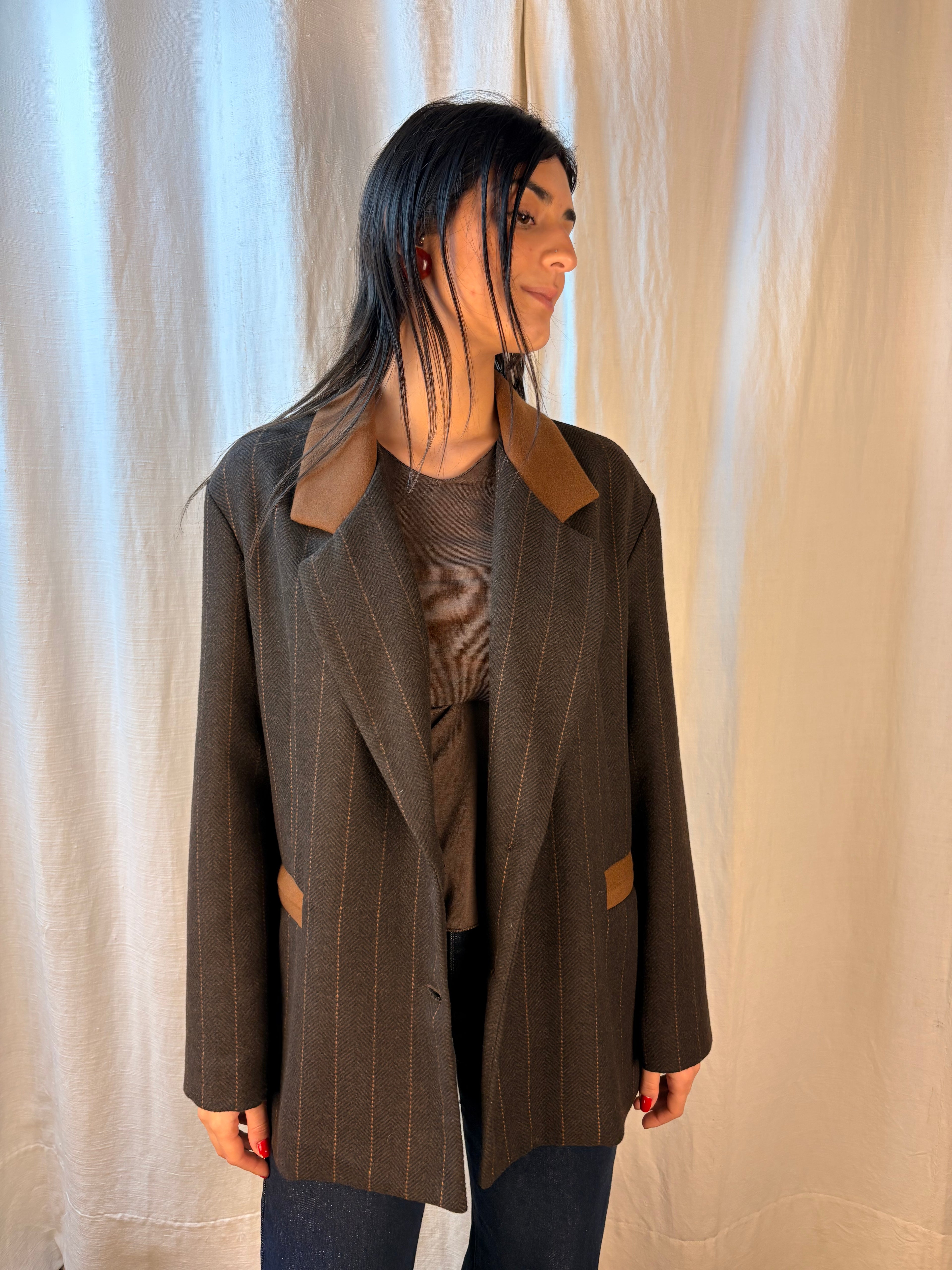 giacca gessata marrone