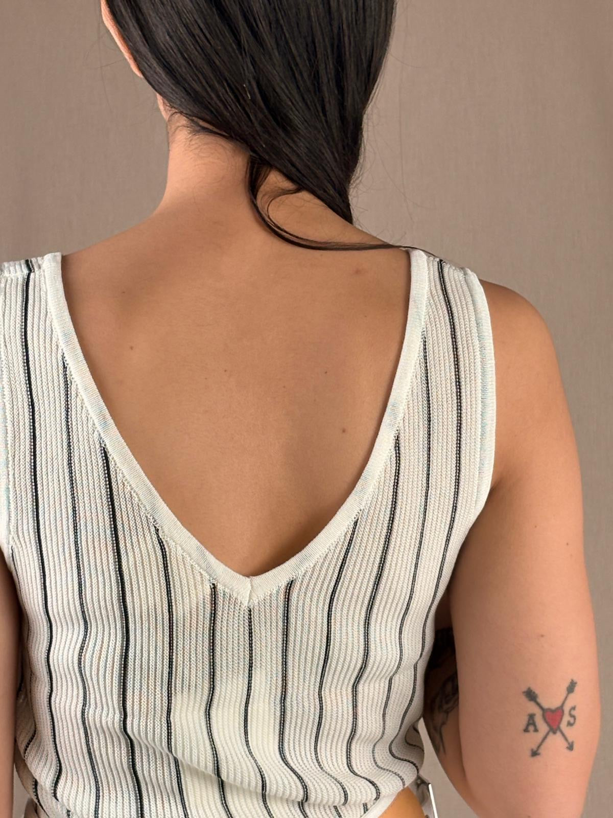 Top in Maglia Bianco e Nero Scollo V